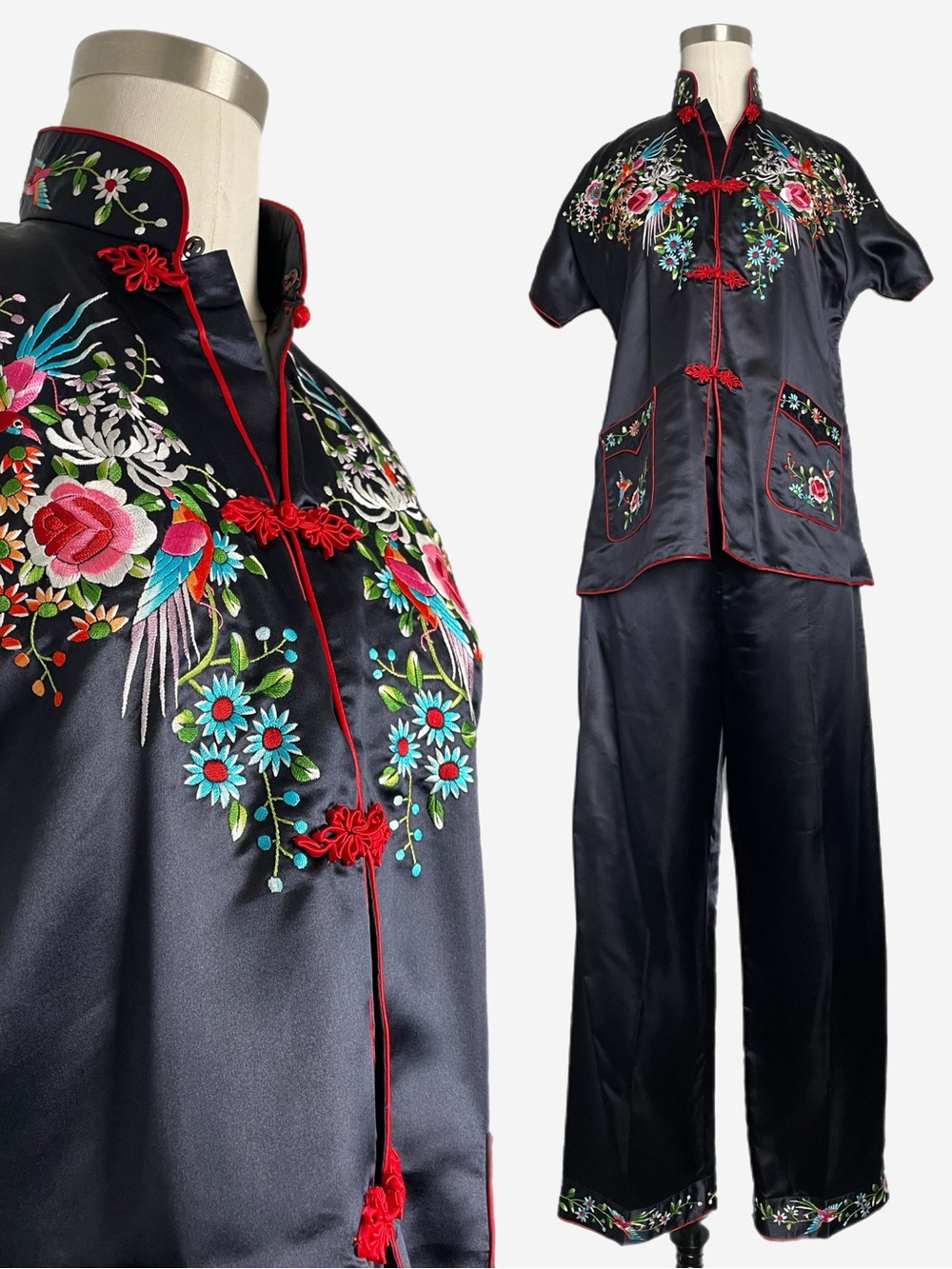 Vintage Plum Blossoms black floral embroidered silk satin pajama lounge set XS